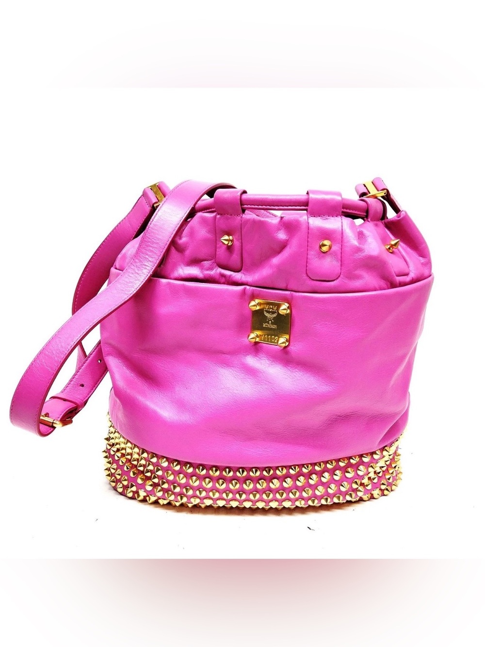 MCM Hot Pink Leather Bucket Bag with Gold Studs